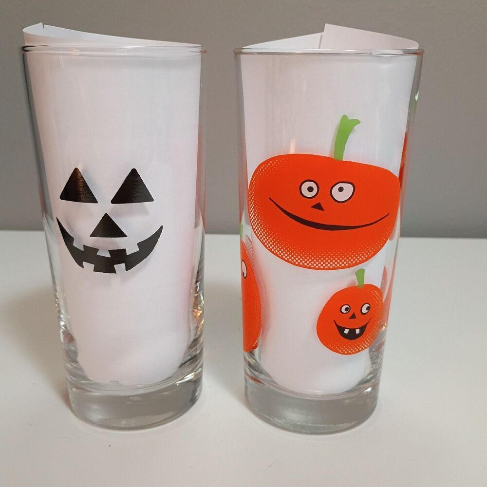 Pumpkin Jack O Lantern Set Of 2 Drinking Glasses Halloween Spooky Carved 6.25"